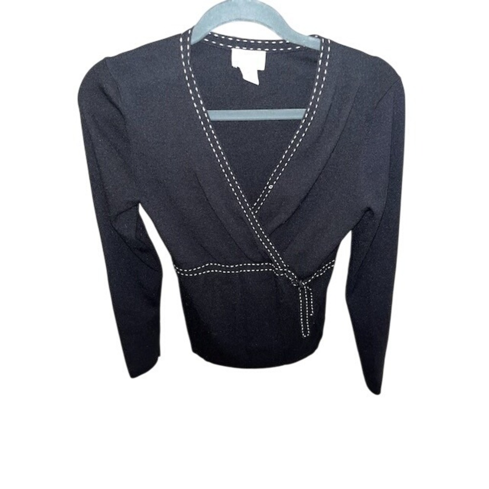 Ann Taylor LOFT Black Wrap Top XS Long Sleeve Stitched Detail Career Casual